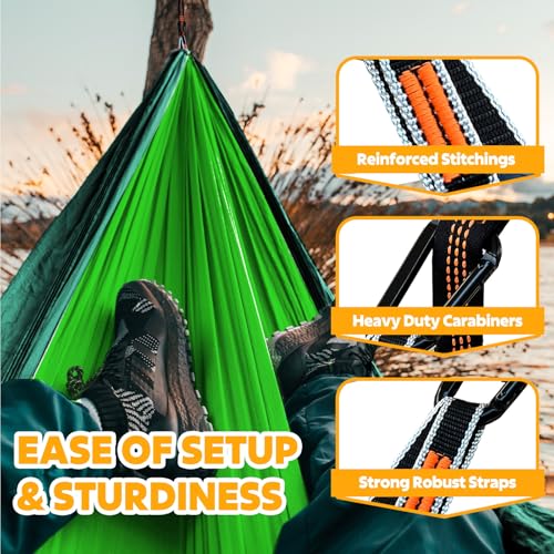 NATUREFUN Ultraleichte Reise Camping Hängematte | 300kg Tragkraft (275 x 140 cm) Atmungsaktiv, Schnelltrocknendes Fallschirm Nylon | 2 x Premium Karabiner,2 x Schlingen| Drinnen Draußen Garten