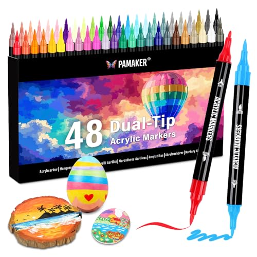 48 Farben Acrylstifte Set – Acrylmarker mit feiner Spitze und Pinsel für Stoff, Leinwand, Glas, Holz und Papier – Ideal für Kinder und Erwachsene, zum Zeichnen und DIY-Bastelprojekte