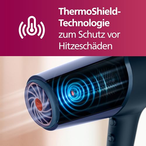 Philips Haartrockner 5000 Series, ThermoShield Technologie, Ionisierungsfunktion, 2.300 W, Metallic-Blau, mit 9-mm- und 11-mm-Stylingdüse, Volumendiffusor, BHD510/20