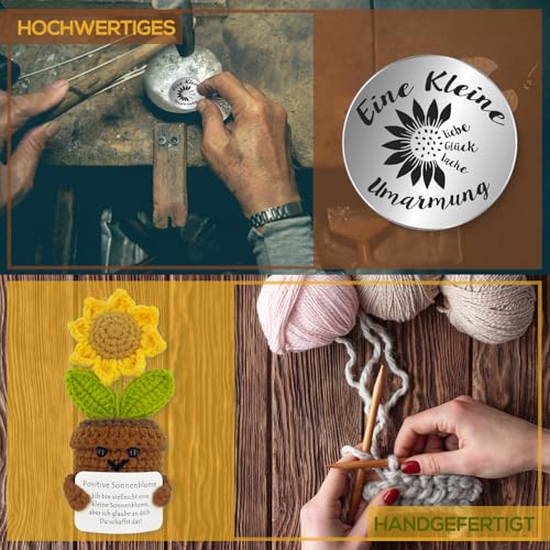 Tixlux Pocket Hug Positive Sonnenblume, Kreative Strickwolle Sonnenblume Puppe und Kleine Umarmung Glücksbringer, MutmacherGeschenk, Gute Besserung Geschenk, Geschenk zum Abschluss