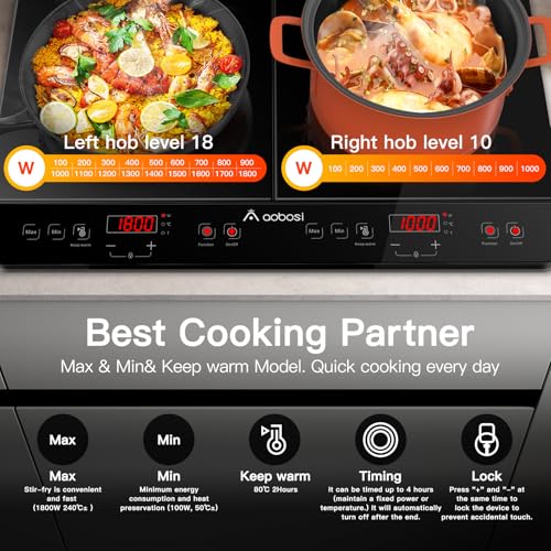 Aobosi Double Induction hob,Induction Cooker with Portable Black Glass Plate, Independent Control,One-click Max and Min Power Control 2800W,20 Temperature Setting[Upgrade],Safety Lock,4-Hour Timer