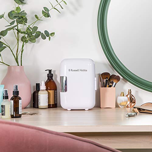 Russell Hobbs RH4CLR1001 4L/6 Can Portable Mini Cooler & Warmer for Drinks, Cosmetics/Makeup/Skincare, AC/DC Power, Retro Style, White, For Bedroom, Home, Caravan, Car