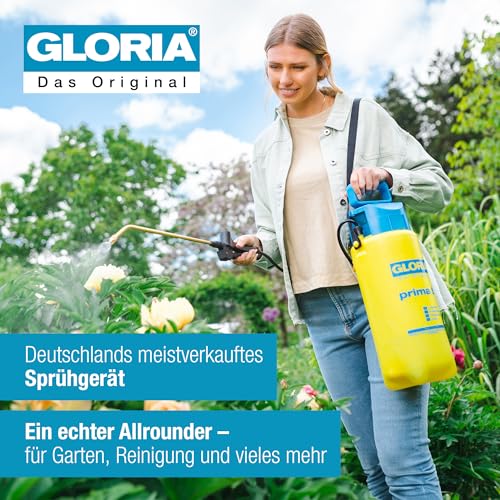 GLORIA Drucksprüher prima 5 | Gartenspritze/Sprühgerät für den Pflanzenschutz | 5 L Füllinhalt | Verstellbare Messingdüse, Gelb, Schwarz, Blau