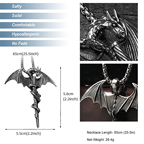 bahamut Mens Viking Jewellery Dragon Sword Pendant Necklace for Men Stainless Steel Gothic Vintage Jewelry with Chain
