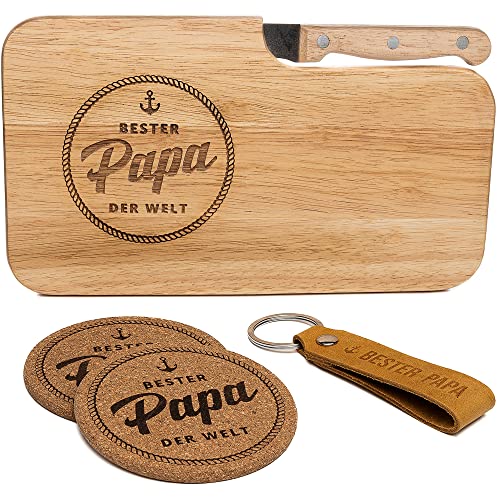 kupi Vatertagsgeschenk für Papa | Geschenk Vatertag Brettchen | Vatertagsgeschenke Bester Papa Geschenke | Frühstücksbrettchen + Schlüsselanhänger mit Untersetzer