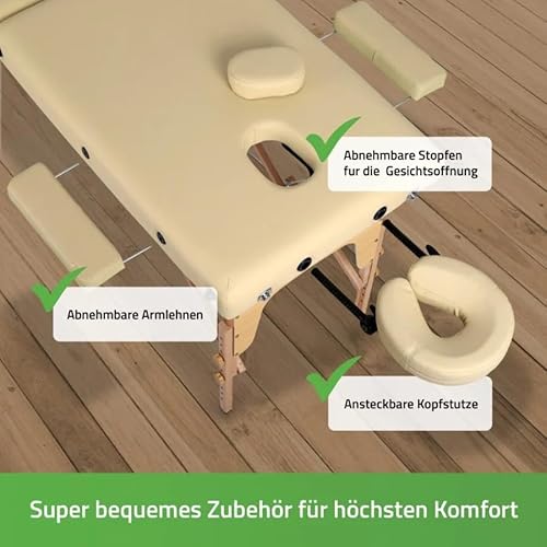 HABYS Sofia Light Massageliege | Klappbar Holz 2 Zonen | Massagetisch mit Vollausstattung | 185 x 60 x 85 cm, bis 250 kg | Armlehnen, Kopfstütze, Tragetasche, MDR-Zertifiziert | Beige