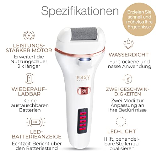 Essy Hornhautentferner Elektrisch Testsieger mit 5 Ersatzrollen Hornhaut Entfernen Elektrischer Hornhautentferner Fußpflegegerät Pediküre Set Elektronisch Fußpflege Hornhautfeile (White)