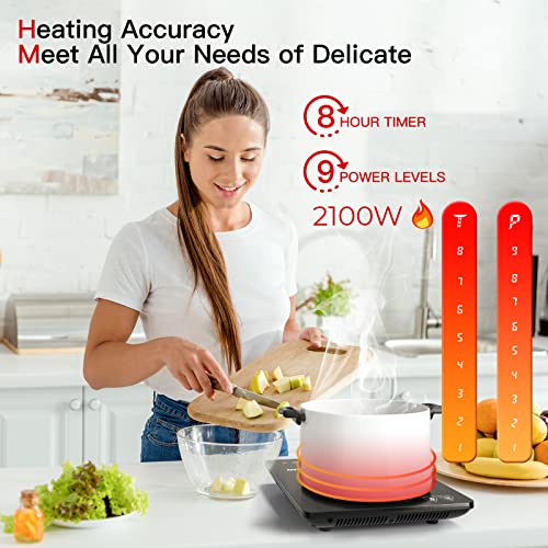 IsEasy Single Induction Cooker 2100W Portable Induction Hob with Slim Black Crystal Panel Body, Induction Plate with 9 Power Levels Setting, Max & Min Function, 8-hours Timer, Safety Lock (WQ-8030)