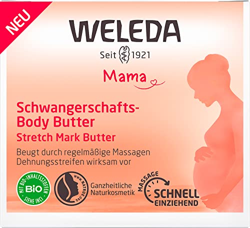 WELEDA Bio Mama Schwangerschaft Body Butter – vegane Naturkosmetik Babybauch Massage Körperbutter zur Dehnungsstreifen Vorbeugung. Hautpflege Körpercreme mit Sheabutter & Kakaobutter (1x 150ml)
