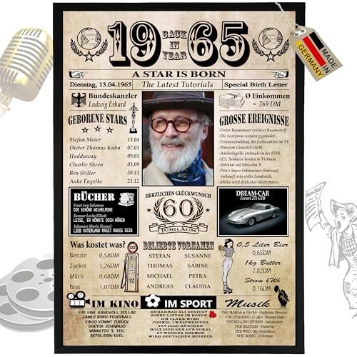 1965-6 Felder PERSONALISIERBAR! zum 60. Geburtstag Mann & 60. Geburtstag Frau - Ausdruck auf 400g/m² Premium Papier - Geschenke 60 Geburtstag Mann & Deko 60 Geburtstag - Back in Year