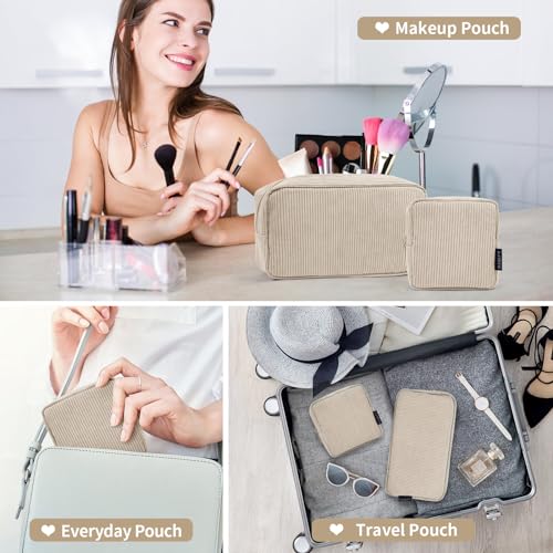 MAGEFY 2 Pcs Kleine Make up Tasche für Handtasche, Cord Make up Tasche mit Fächern Reise Make up Tasche für Mädchen Frauen (Beige)