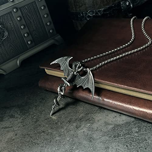 bahamut Mens Viking Jewellery Dragon Sword Pendant Necklace for Men Stainless Steel Gothic Vintage Jewelry with Chain
