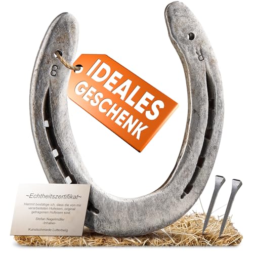 Echtes getragenes Hufeisen – Glücksbringer mit Zertifikat & Hufeisennägel – Rustikales Geschenk für Haus, Hochzeit & Einzug - Kunstschmiede Lutterberg