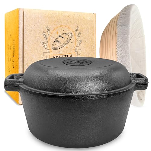 KRUSTENZAUBER 26cm Gusseisen Topf Brot Backen inkl. Gärkorb - Robuste Brotbackform mit Deckel - Idealer Brottopf, Brotbacktopf, Brotbackset Gusseisentopf Brotbacken, Brot Backen Zubehör, Brotform