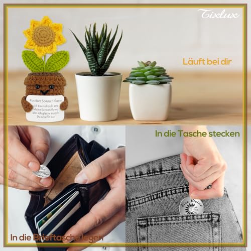 Tixlux Pocket Hug Positive Sonnenblume, Kreative Strickwolle Sonnenblume Puppe und Kleine Umarmung Glücksbringer, MutmacherGeschenk, Gute Besserung Geschenk, Geschenk zum Abschluss