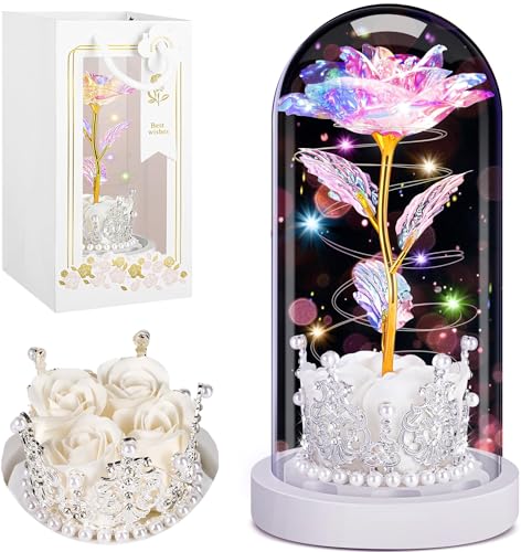 LinjunFa Eternal Rose-Forever Rose Gift Women,Birthday Gift for Women,Rose Gift for Her,Light Up Galaxy Roses in Glass,Beauty and The Beast Rose with LED Light,Flower Present for Women,Girlfriend