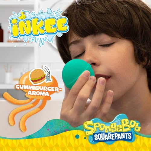INKEE SpongeBob 3er Pack - Badebomben Kinder mit Überraschung - SpongeBob Schwammkopf Figuren zum Sammeln - 3x Badekugeln 80g mit Burgergummi-Aroma und Jojobaöl, Türkis oder Gelb