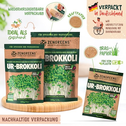ZenGreens® - Bio Ur-Brokkoli Sprossen Samen - Wähle zwischen 10g, 200g und 500g - Brokkolisprossen mit hohem Sulforaphan-Gehalt - Stengelkohl Samen - Brokkolisamen - Keimrate von über 97%