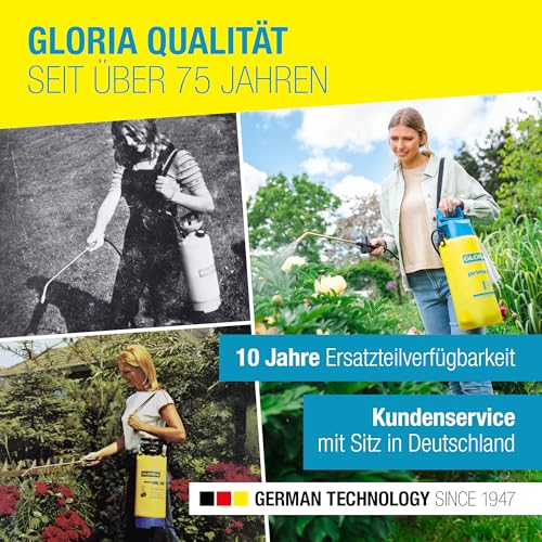 GLORIA Drucksprüher prima 5 | Gartenspritze/Sprühgerät für den Pflanzenschutz | 5 L Füllinhalt | Verstellbare Messingdüse, Gelb, Schwarz, Blau