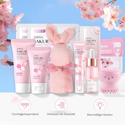 Shefave Sakura Gesichtspflege Set Damen, Skincare Set mit Reiniger, Serum, Creme, Augenserum, Gesichtsbürste, Handtuch, Schlafmaske, Skin Care Adventskalender, Beauty Set Teenager Mädchen