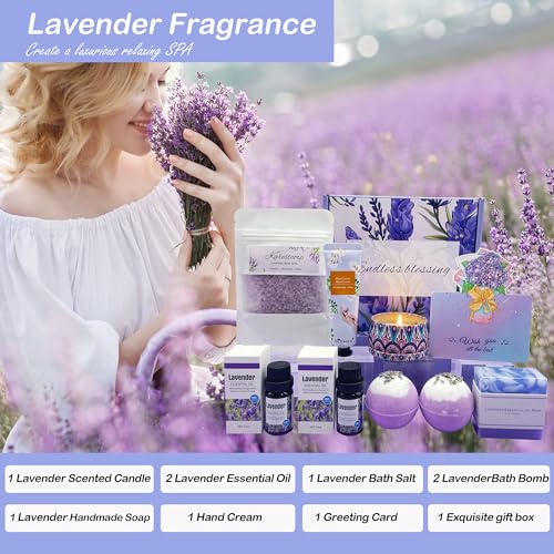 Bath Set Pamper Gifts For Women, Get Well Soon Gift For Her, Lavender Skin Care Gifts Ideas For Mum, Best Friend, Sister, Relaxation SPA Ladies Self Care Hampers, Female Anniversary Birthday Presents