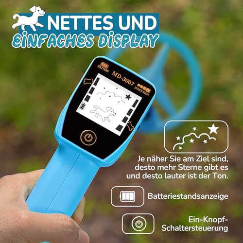 Metalldetektor Kinder, Smofrees Über USB Wiederaufladbarer Kleiner Kinder Metalldetektor, Verstellbarer 60-86cm Tragbarer Metalldetektor mit lustigem LCD-Display für die Erkundung im Freien, Blau