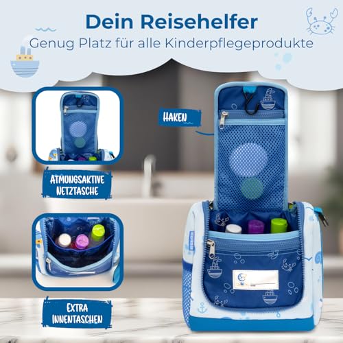 REISERACKER Kulturbeutel Kinder inkl. Medi Tasche als Kulturbeutel zum Aufhängen - Kulturtasche Kinder zum Aufhängen - Kulturtasche für Jungen und Mädchen