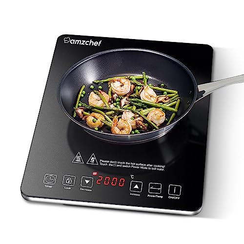 AMZCHEF Single Induction Cooker, Ultra-thin Induction Hob with Fashion Look, 10-level Power and Temperature Control, Black Frosted Glass Panel, Touch Sensor, 3-hour Timer, Safety Lock