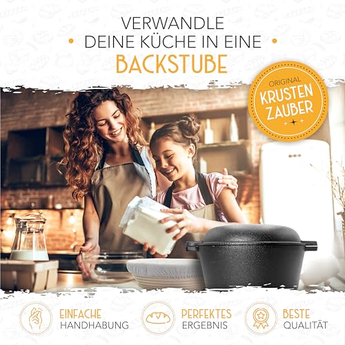 KRUSTENZAUBER 26cm Gusseisen Topf Brot Backen inkl. Gärkorb - Robuste Brotbackform mit Deckel - Idealer Brottopf, Brotbacktopf, Brotbackset Gusseisentopf Brotbacken, Brot Backen Zubehör, Brotform