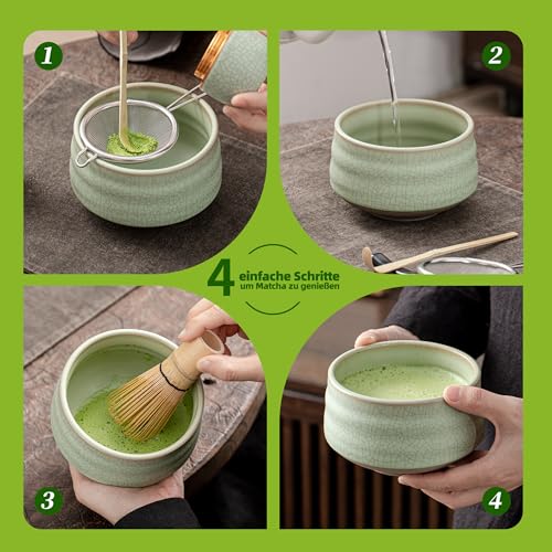 TEANAGOO Matcha Set| Matcha Besen|Matcha Tea Set | Matcha Schale| Matcha Whisk,Schaufel, Sieb, Matcha-Besenhalter, Matcha-Besenständer-7 Stück MatchaTee Sets,N6, Lt.grün mit Schwarzer Naht