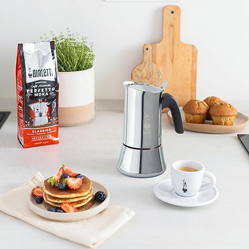 Bialetti - Neue italienische Espressomaschine Venus Induction aus Edelstahl, geeignet für alle Arten von Tellern, 4 Kaffeetassen (170 ml), Silber