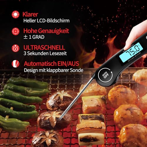 DOQAUS Fleischthermometer Grillthermometer Digitales Bratenthermometer Thermometer Kochen Küchenthermometer mit 3s Sofortiges Auslesen, Langer Sonde und LCD Bildschirm, Auto ON/Off für Küche,Grill,BBQ