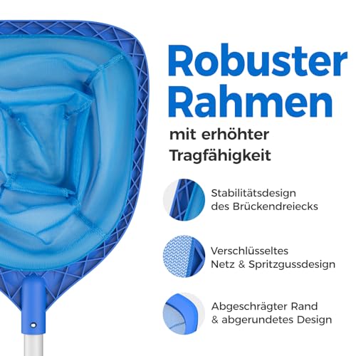 Mowend 145cm Skimmer Pool Kescher, Poolreinigung Kescher Feinmaschig mit Stab 1,14M Langer Aluminiumstange, 17,5cm Tief Kescher für Pool, Spa, Teiche, Whirlpools