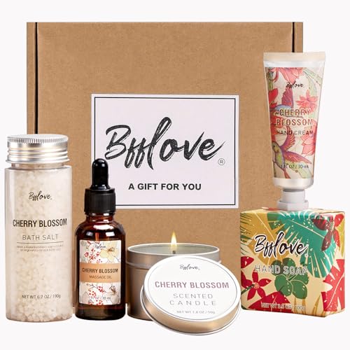 BFF LOVE Spa Geschenke für Frauen, 5pcs Kirschblüten Box für Mütter, Spa Kit -Set mit Massageöl, Duftkerze, Badesalz, Handcreme & Seife, Geschenkkörbe
