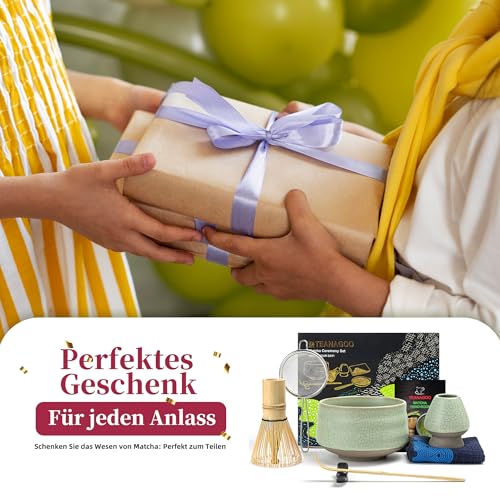 TEANAGOO Matcha Set| Matcha Besen|Matcha Tea Set | Matcha Schale| Matcha Whisk,Schaufel, Sieb, Matcha-Besenhalter, Matcha-Besenständer-7 Stück MatchaTee Sets,N6, Lt.grün mit Schwarzer Naht