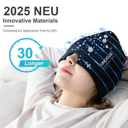 ONLYCARE Migräne Maske, Upgraded Migräne Kühlmaske Schlafmaske Kühlmütze Kühlhaube 360° Gel Surround kühlpads zur Linderung von Migräne, Kopfschmerzen, Druck