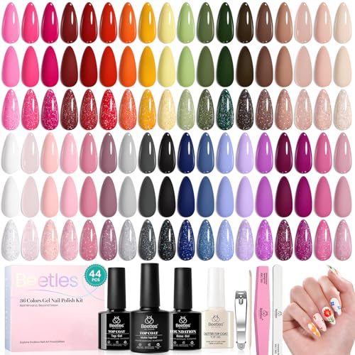 Beetles Gel Nagellack 36 Farben, 44-teiliges Gel Polish Se mit Basislack matt und glänzend-Überlack bunt Nude Weiß Rosa Rot Blau Nagellack für Frauen