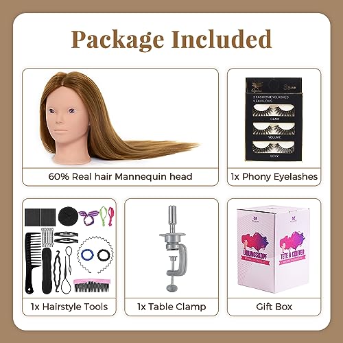 Neverland Beauty 71 cm Trainingskopf mit 60% Echthaar, Friseur-Mannequin-Kopf, Kosmetologie-Puppenkopf mit Tischklemme und Friseur-Werkzeug-Set, Glatt, Menschliches Haar , Einnähen Gold