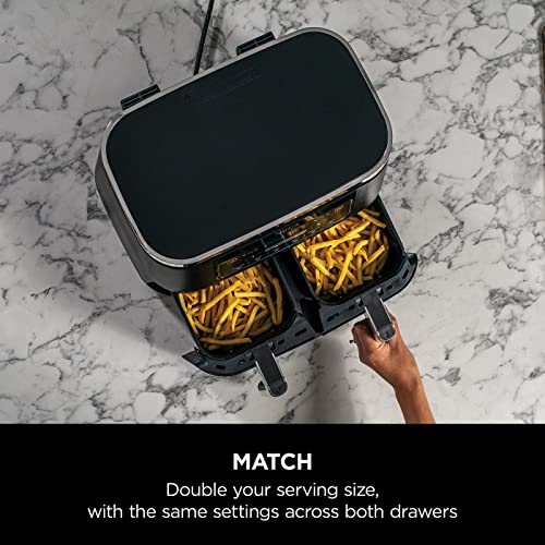 Ninja Foodi Dual Zone Digital Air Fryer, 2 Drawers, 7.6L, 6-in-1, Uses No Oil, Air Fry, Max Crisp, Roast, Bake, Reheat, Dehydrate, Cooks 4-6 Portions, Non-Stick, Dishwasher Safe Baskets, Black AF300UK