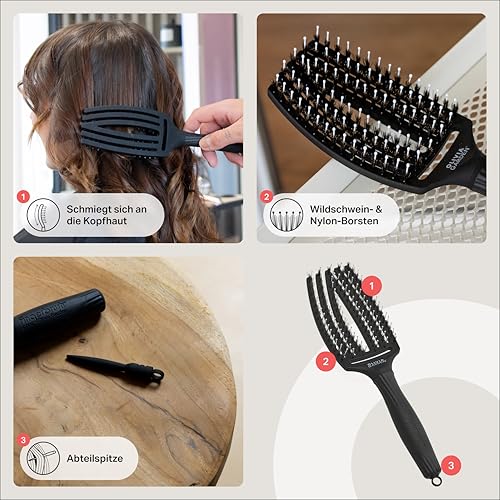 Olivia Garden Fingerbrush Care Iconic - Medium - Schwarz - Detangler Bürste mit Wildschweinborsten & Nylon für gesundes und glänzendes Haar