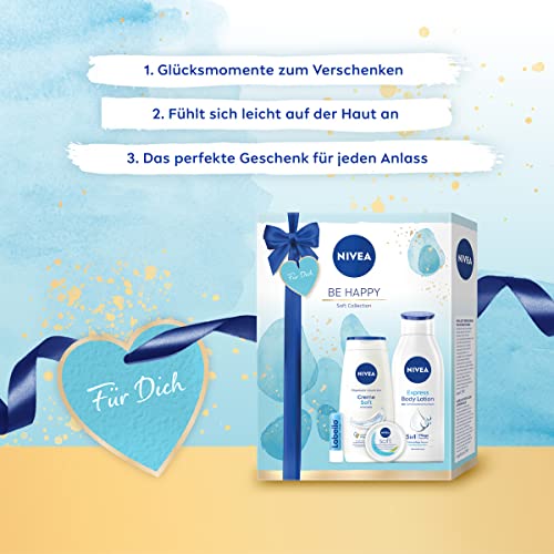 NIVEA Be Happy Geschenkset für Frauen, verwöhnendes Beauty Set mit feuchtigkeitsspendenden Pflegeprodukten, Pflegeset mit Duschgel, Body Lotion und mehr, Kosmetik Set als Geschenk für Freundinnen