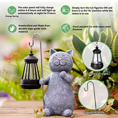 Yeomoo Katze Gartenfiguren für Außen mit Solar Laterne – Lustig Wasserdicht Solarlampe Figur Gartendeko für Draußen Balkon Terrassen Geschenke für Frauen Männer Mama Geburtstag Feengarten Grau