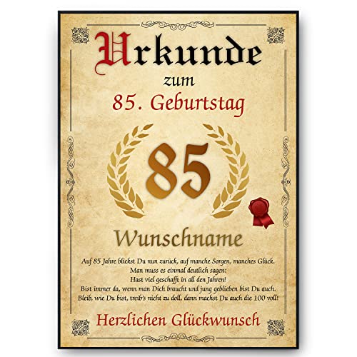 Tigerlino® Personalisierte Urkunde zum 85. Geburtstag Geburtstagsurkunde Jahrgang 1940 Geschenk Männer Frauen 85 Jahre Geburtstagsgeschenk Geburtstagskarte 85. Geburtstag Geschenkidee personalisierbar