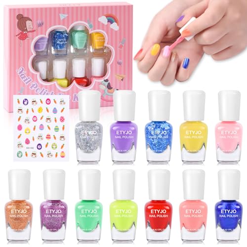 ETYJO Kinder Nagellack Mädchen Ungiftig - 12 Farben Schnelltrocknend Peel Off Nagellack Kinder Set, Ungiftig Wasserbasiert Kindernagellack Mädchen mit Nagelsticker für Kinder ab 3 Jahren