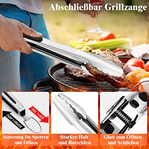 Grilliance BBQ Grillbesteck Set 30 Grillzubehör aus Hochwertiger Edelstahl Grillzange Grillspachtel Korkenzieher Grillset mit Grillkoffer und Grillmatte für Männer Geschenk für Garten Camping Braun