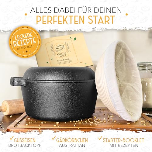KRUSTENZAUBER 26cm Gusseisen Topf Brot Backen inkl. Gärkorb - Robuste Brotbackform mit Deckel - Idealer Brottopf, Brotbacktopf, Brotbackset Gusseisentopf Brotbacken, Brot Backen Zubehör, Brotform
