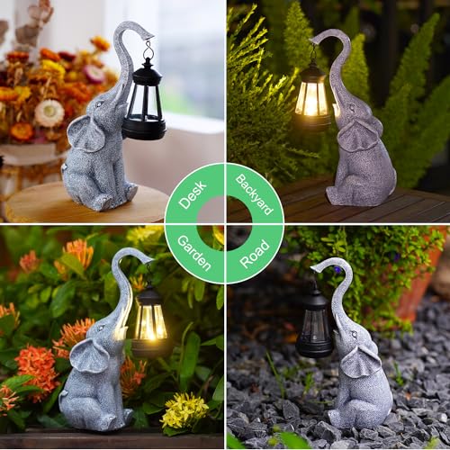 Yeomoo Elefanten Deko mit Solar Laterne Gartenfiguren - für Außen Gartendeko mit Wetterfest LED Solarlampe für Balkon Garten, Geschenke für Frauen Männer Mama Geburtstagsgeschenk Grau