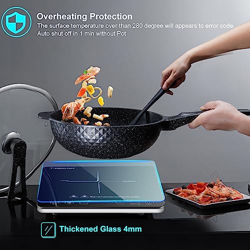 AMZCHEF Single Induction Cooker, Ultra-thin Induction Hob with Fashion Look, 10-level Power and Temperature Control, Black Frosted Glass Panel, Touch Sensor, 3-hour Timer, Safety Lock