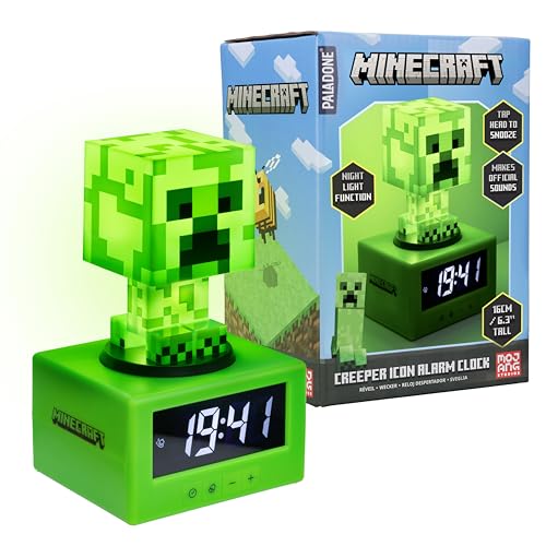 Minecraft Creeper Wecker - Offiziell Lizenziertes Icon Musik & Nachtlicht für Kinder und Jugendliche, Gaming-Zimmer Zubehör, Gamer Enthusiasten Novitätengeschenk