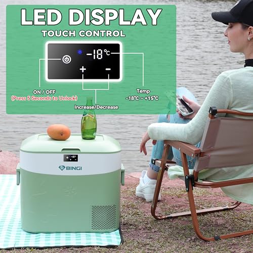 BINGI Portable Car Fridge Freezer 22L, 12V/24V DC & 100-240V AC Dual Power, -18℃ to 15℃ Adjustable Car Refrigerator, Cooler Box for Camping Campervan, Travel, RV, Truck, Picnic, Boat